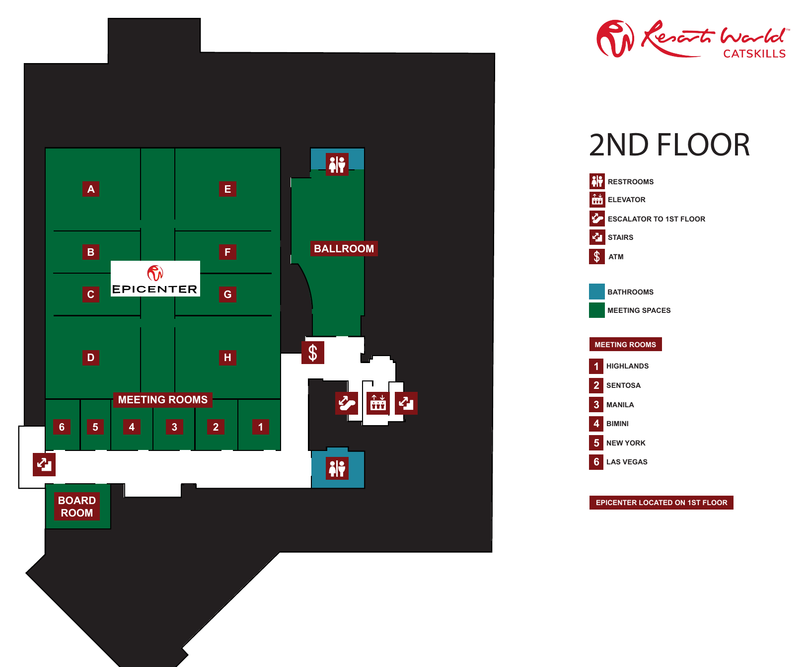 Resorts World Catskills second-floor conference room map showing meeting rooms, ballroom, board room, restrooms, elevators, escalator, and stairs.